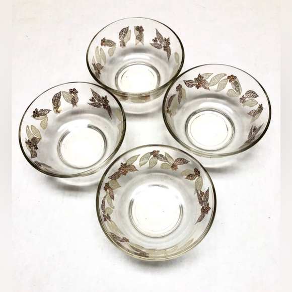 Leaf And Olive Bowl Set Of 4 Berry Bowls Small Desert Dish MCM Clear With Gold - Picture 4 of 6